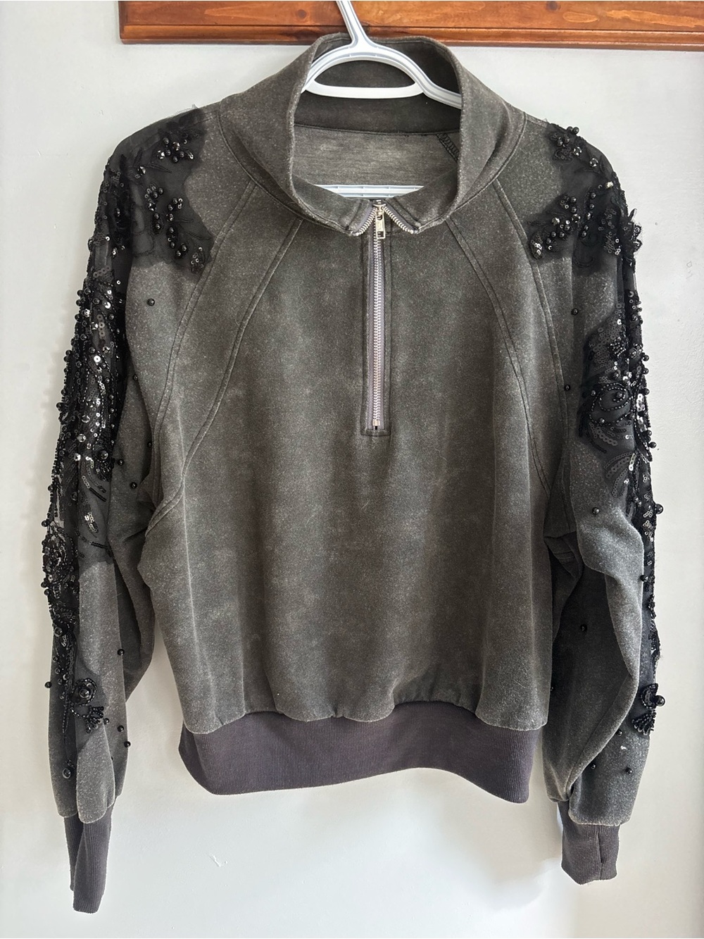 Bead Embellished Quarter-Zip Sweatshirt - charcoal